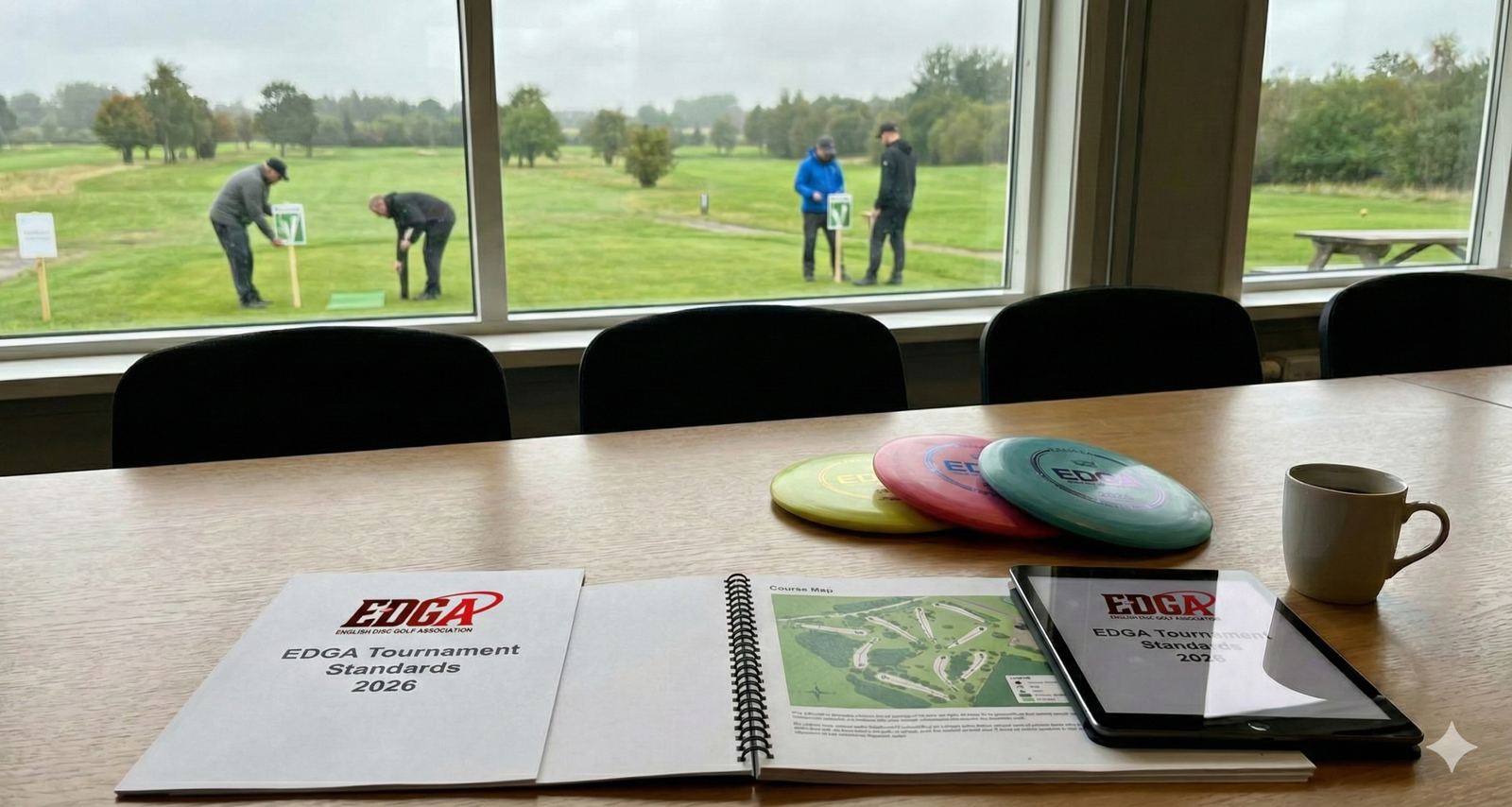 An open booklet for the EDGA Tournament Standards 2026, a tablet, disc golf discs, and a mug are on a table. Through a window in the background, people are on a rainy disc golf course.