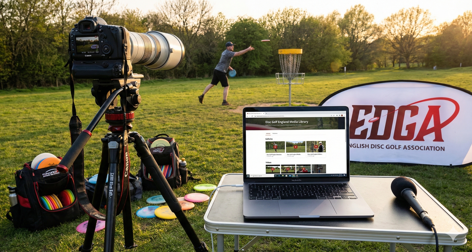 A professional media production setup for the English Disc Golf Association, featuring a digital camera on a tripod, a laptop displaying disc golf tournament footage, and various discs on a desk with the EDGA logo.