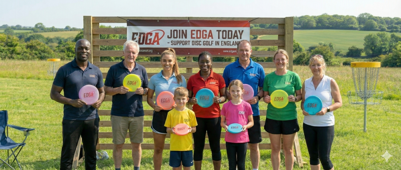 A group of people standing together on a sunlit green disc golf course, holding various colourful discs. A yellow metal disc golf basket with chains is positioned in the background in the centre of the group. In the foreground, a large banner on a wooden fence reads 'JOIN EDGA TODAY - SUPPORT DISC GOLF IN ENGLAND'. The official EDGA logo is clearly visible.