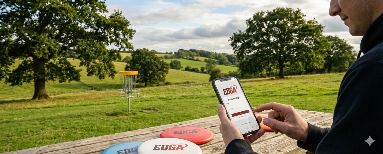 A man sitting at an outdoor wooden table uses a smartphone to access the EDGA member login portal. Several EDGA branded discs rest on the table in front of him, with a disc golf basket and the rolling green hills of a Disc Golf England course visible in the background.
