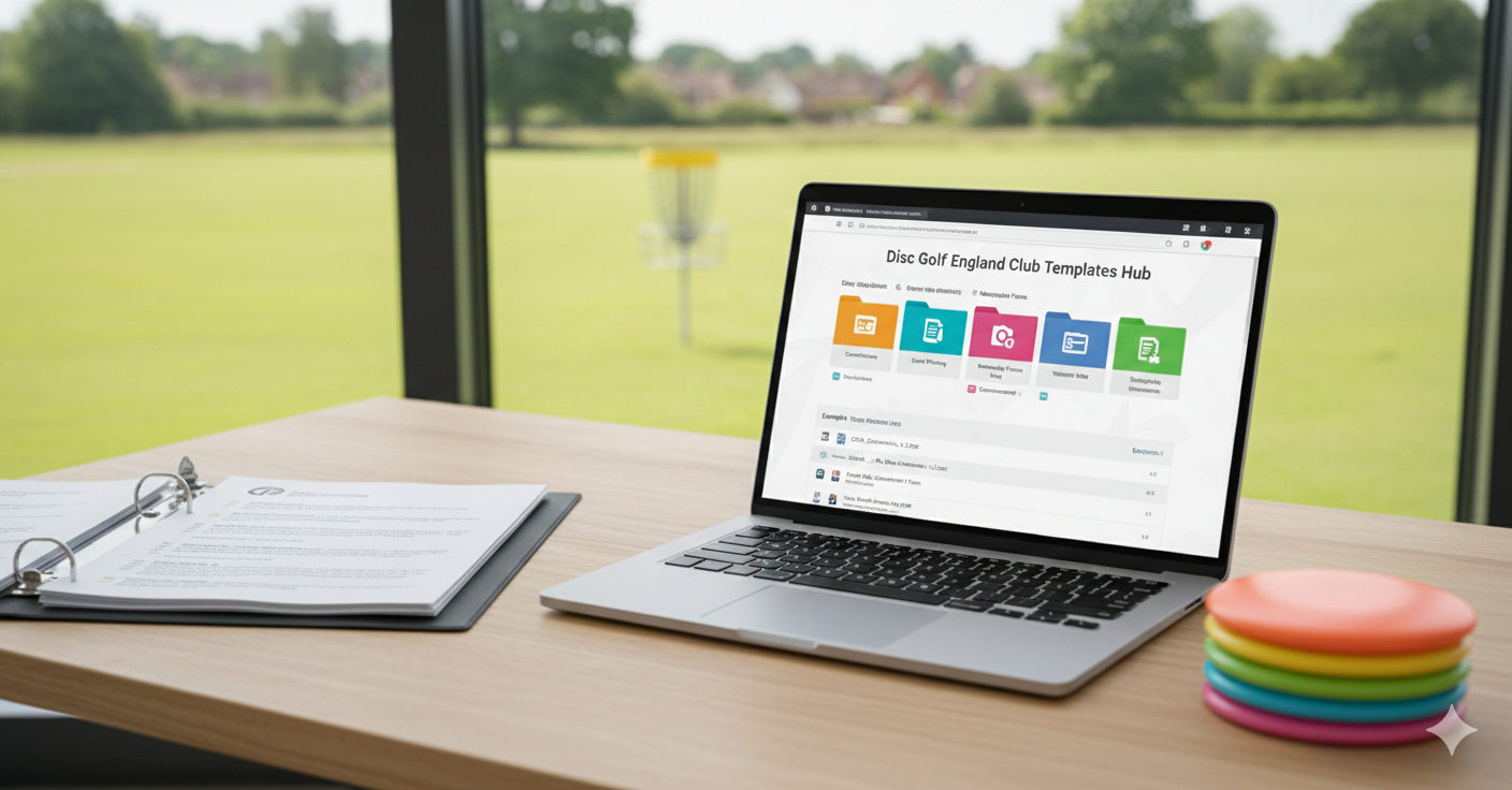 A landscape banner for English Disc Golf Club templates, featuring a disc golf basket in a scenic English countryside field with a digital overlay of document icons including calendars, forms, and guidance papers.