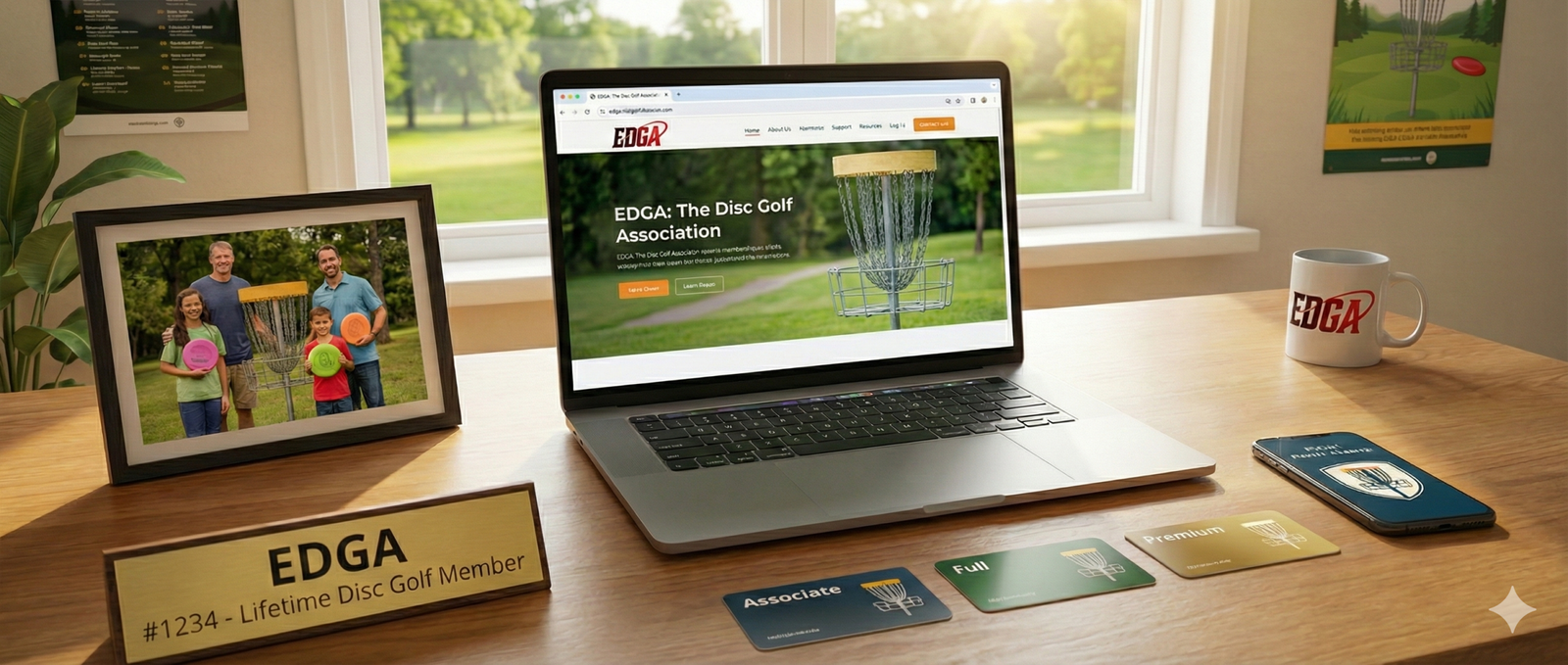 A bright, sunlit wooden desk featuring a laptop displaying the EDGA Disc Golf Association website with a chain-link basket. The desk holds a nameplate for a 'Lifetime Disc Golf Member', three membership cards (Associate, Full, and Premium), and a smartphone showing a digital player licence. In the background, posters advertise the 2026 Disc Golf Tour and National Championships.