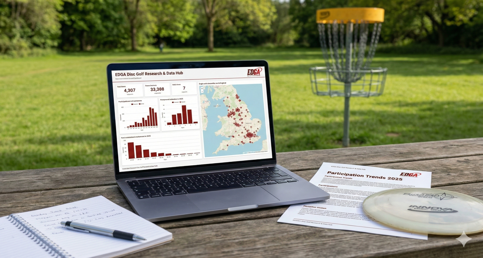 A desk with a laptop displaying growth charts and data visualisations for the English Disc Golf Association, a notebook with research notes, a compass, and an EDGA disc golf disc, with a basket visible in the background.