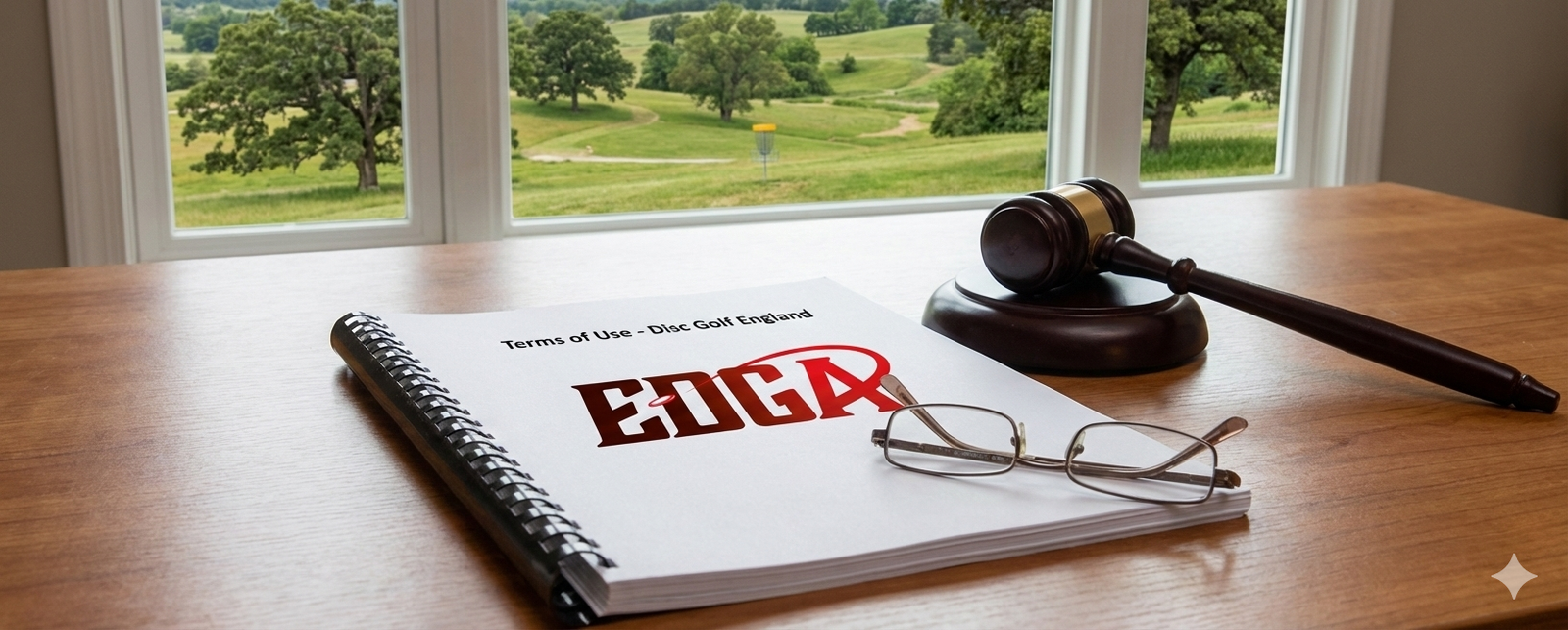 A spiral-bound document titled "Terms of Use - Disc Golf England" with the EDGA logo sits on a wooden desk. A pair of glasses and a wooden gavel rest beside it, with a large window in the background overlooking the rolling fairways and baskets of a green disc golf course.