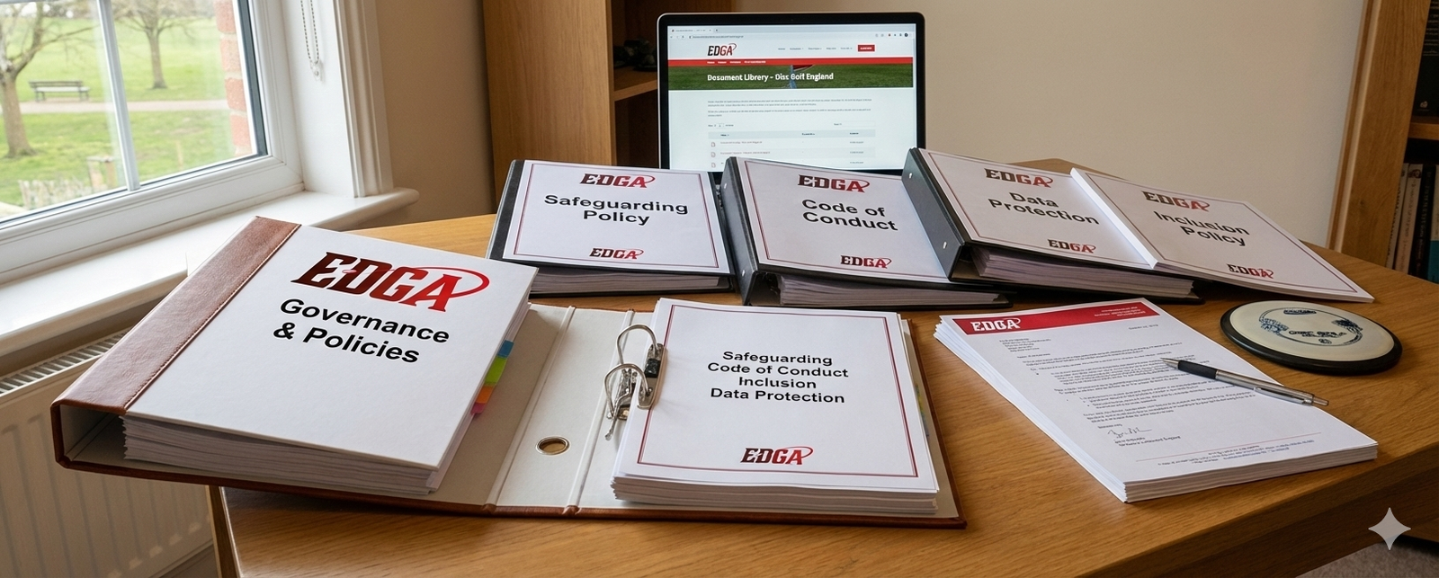 A wooden desk featuring a collection of professional EDGA ring binders and documents, including Safeguarding Policy, Code of Conduct, Data Protection, and Inclusion Policy. An open "Governance & Policies" binder sits in the foreground, while a laptop in the background displays the Disc Golf England document library portal.