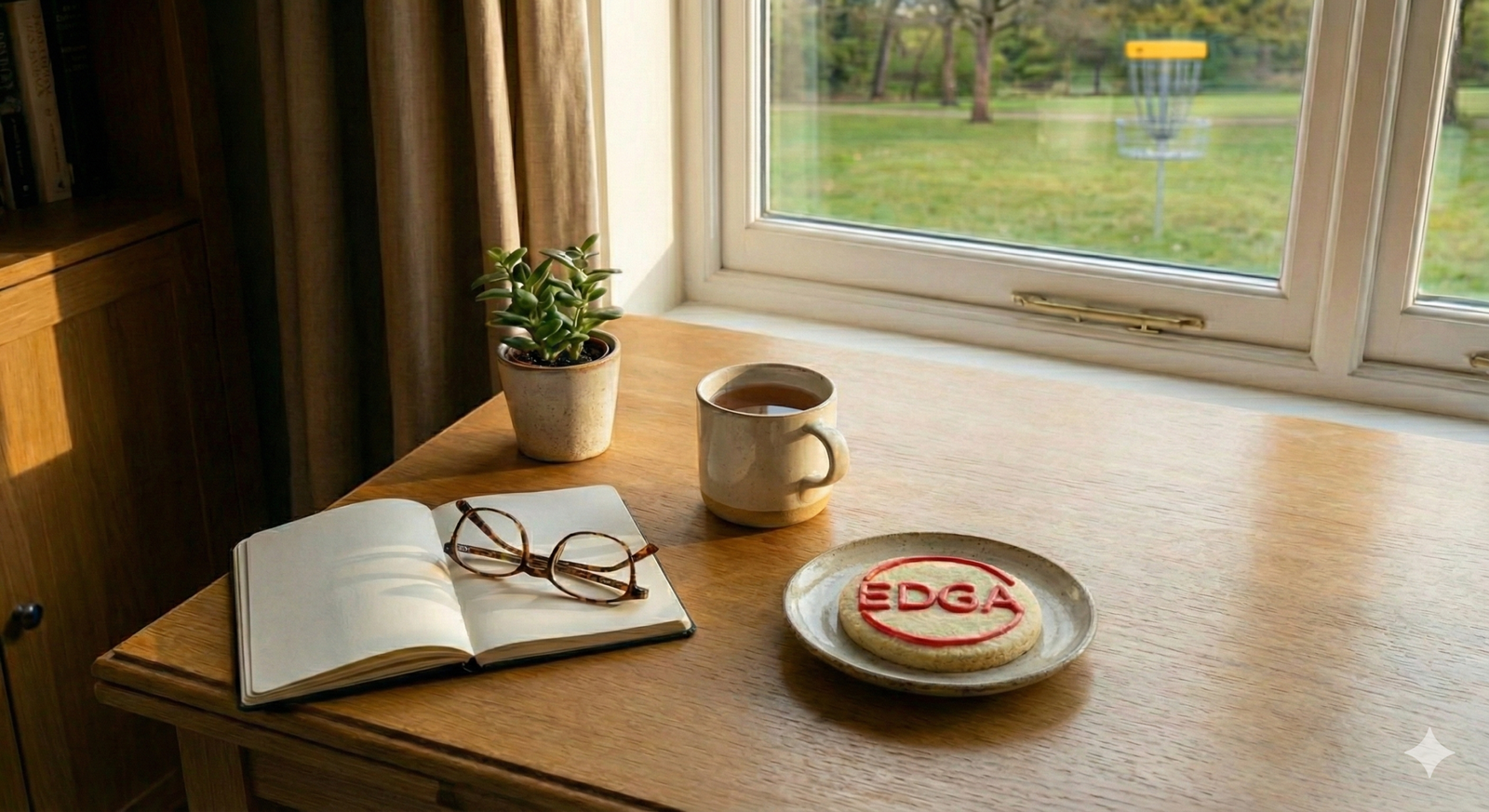 A peaceful indoor desk setup featuring an open notebook, a pair of spectacles, and a cup of tea. Beside them sits a biscuit iced with the red EDGA logo. A large window looks out onto a sunlit Disc Golf England course where a professional basket stands on the green.