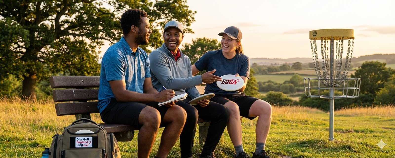 Three disc golfers sit on a park bench at sunset, laughing and reviewing notes. A branded Disc Golf England backpack sits in the foreground, while one player holds an EDGA disc near a yellow basket overlooking the rolling hills of a scenic course.
