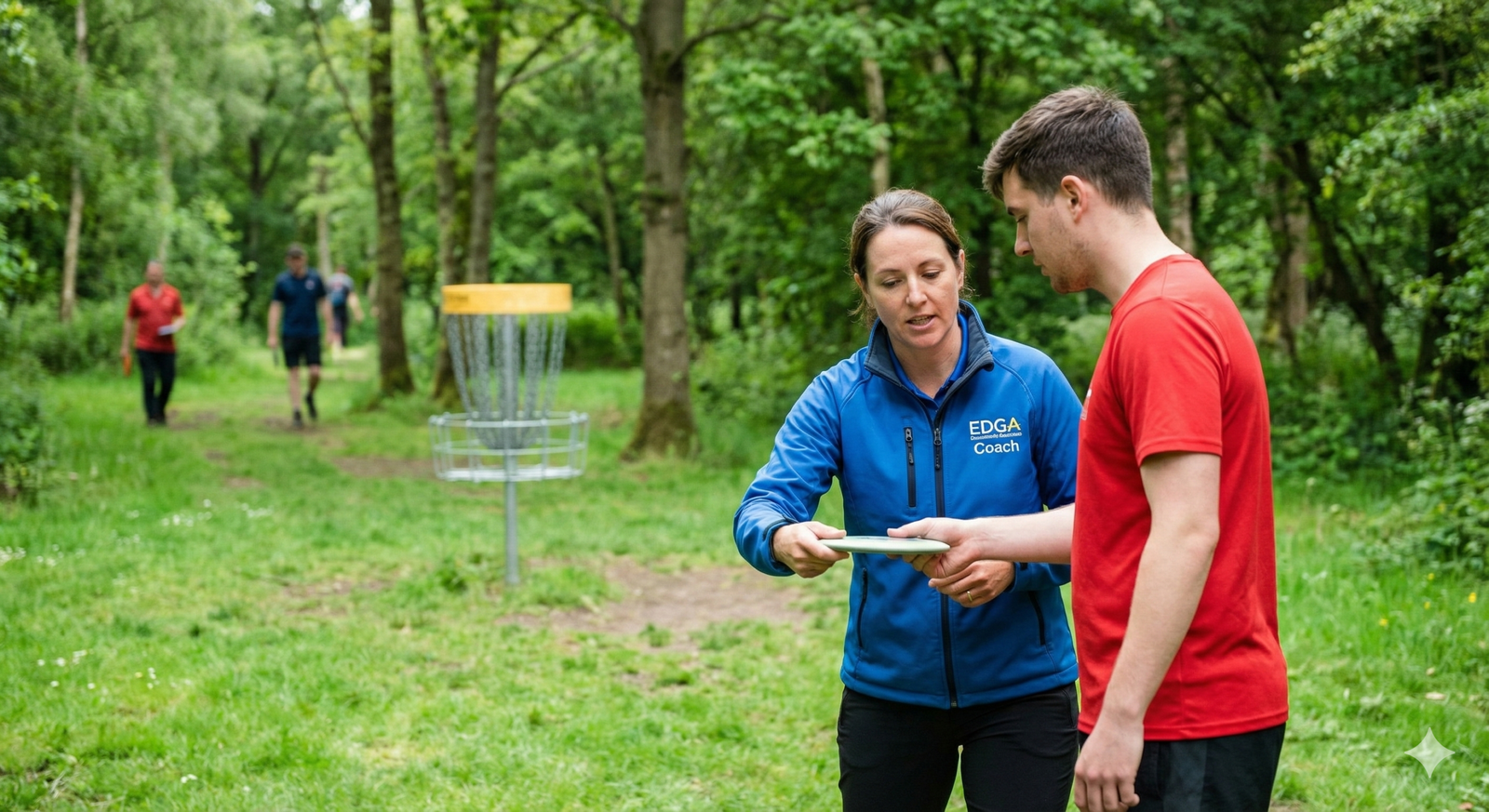 An EDGA coach in a blue branded jacket provides technical instruction to a player in a red shirt on a wooded Disc Golf England course. In the background, other players walk along the leafy fairway near a professional disc golf basket.