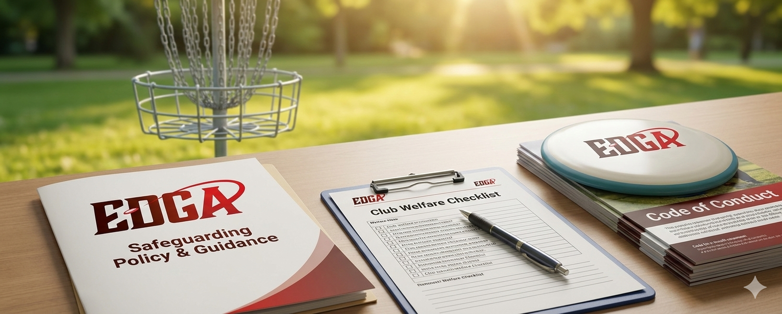 A collection of essential EDGA administrative documents laid out on a table in a park, including the Safeguarding Policy & Guidance booklet, a Club Welfare Checklist on a clipboard, and a Code of Conduct manual. A disc golf basket stands in the sunlit background, representing the commitment to player safety within Disc Golf England.