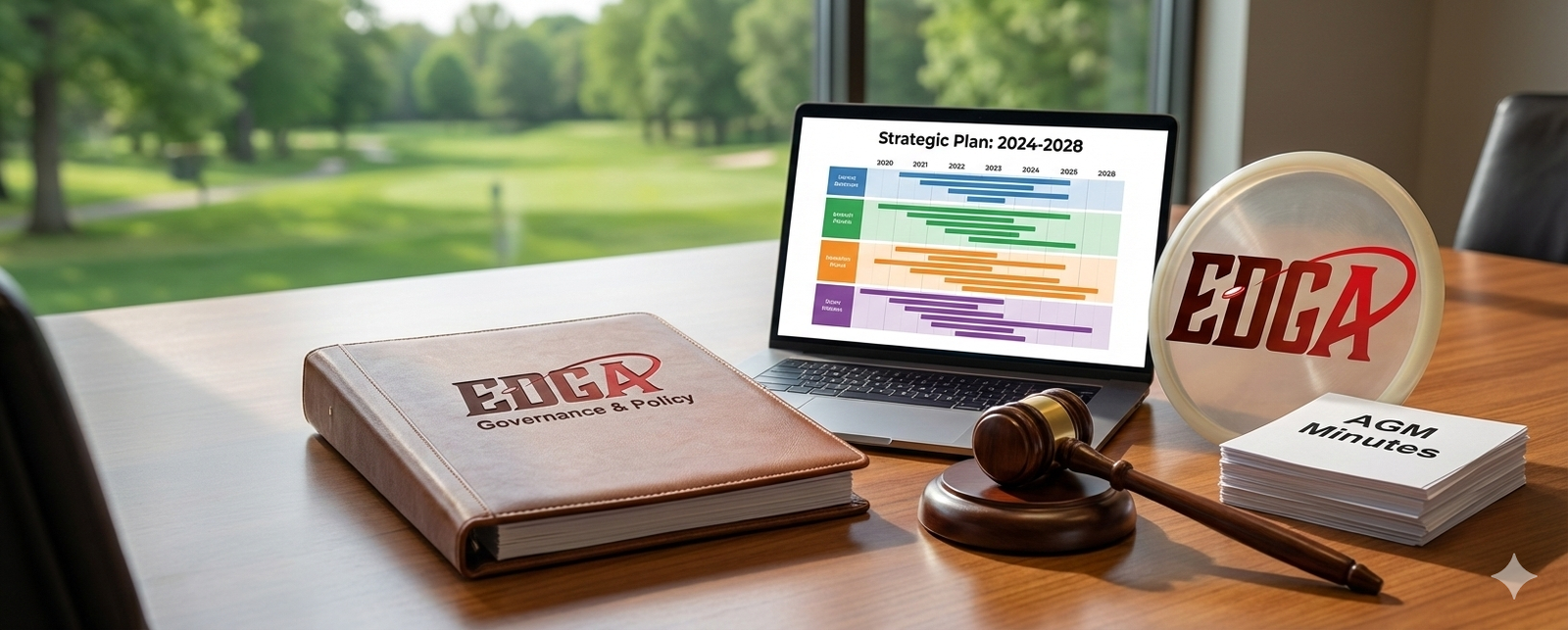 A professional meeting room setup featuring a leather-bound EDGA Governance & Policy folder, a wooden gavel, and a stack of AGM minutes. A laptop in the background displays the EDGA Strategic Plan: 2024-2028, reflecting the long-term vision for Disc Golf England.