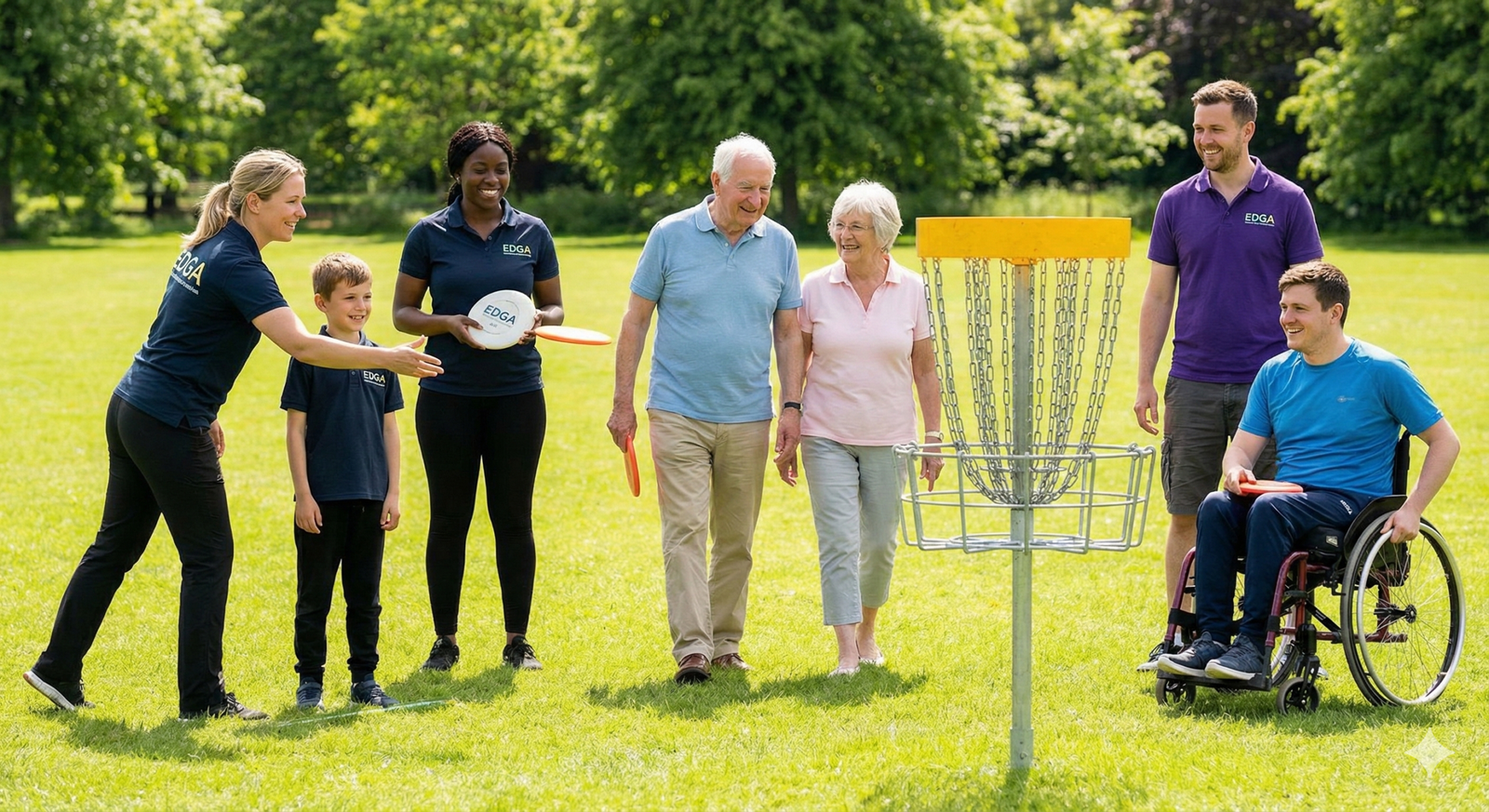 A diverse group of people, including children, seniors, and a wheelchair user, enjoy a sunny day at a Disc Golf England course. EDGA coaches in branded polo shirts engage with the participants near a yellow disc golf basket, highlighting the sport's accessibility for all.
