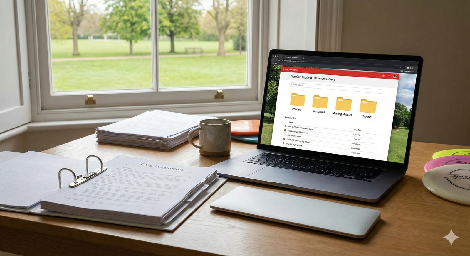 A laptop open to the Disc Golf England Document Library sits on a wooden desk next to an open "Club Documents" binder. The screen displays organised folders for Policies, Templates, Meeting Minutes, and Reports, providing a centralised management system for the EDGA.