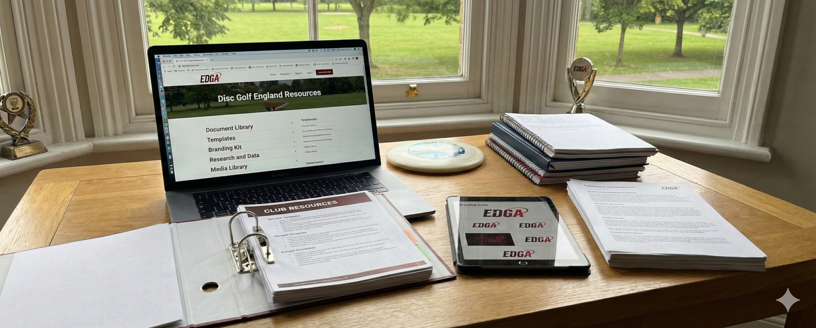 A wooden desk featuring a laptop open to the Disc Golf England Resources portal. The workspace is organised with a "Club Resources" ring binder, a tablet displaying the EDGA branding guide, several notebooks, and a silver EDGA trophy, with a view of a green park through the window.