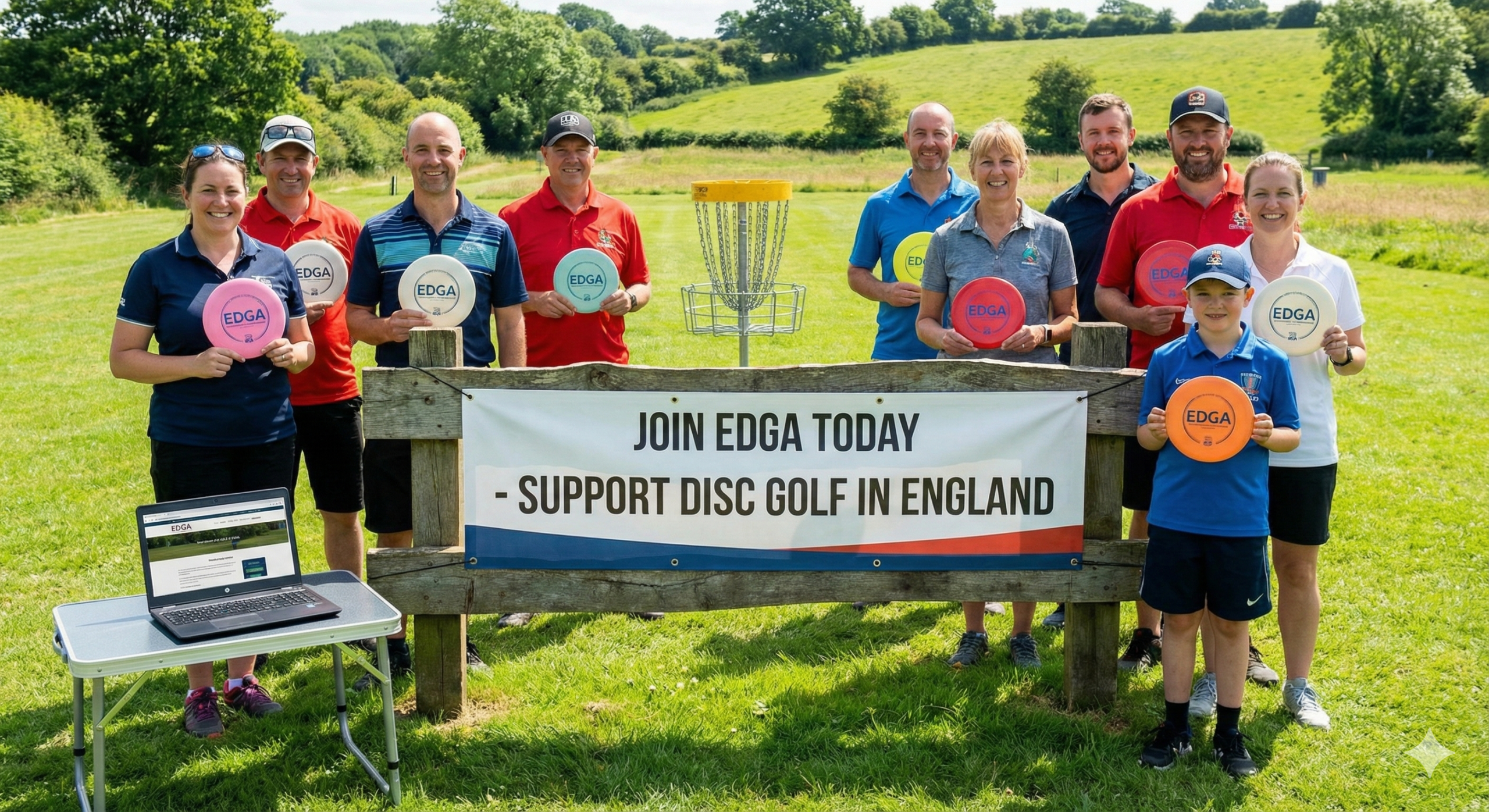 A large group of ten people of various ages stands behind a wooden fence with a banner that reads "JOIN EDGA TODAY - SUPPORT DISC GOLF IN ENGLAND". They are holding colourful EDGA branded discs in a sunny field with a disc golf basket and a laptop on a small table in the foreground.