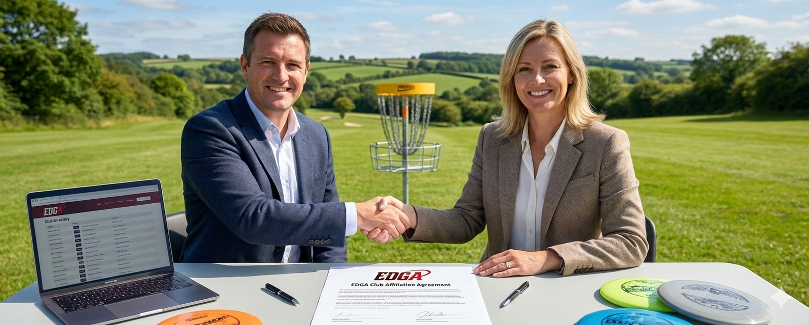A man and woman in professional attire shaking hands over an EDGA Club Affiliation Agreement on an outdoor table. A laptop showing a club directory, several discs, and a disc golf basket in the background complete this scene of official partnership for Disc Golf England.