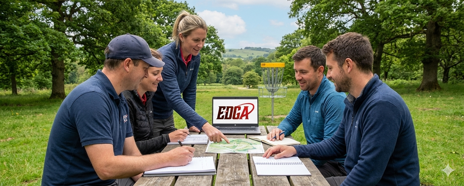 A group of five people sits at a wooden picnic table in a park, collaborating on course maps and taking notes. A laptop prominently displaying the EDGA logo is on the table, and a yellow disc golf basket stands in the background, representing a community planning session for Disc Golf England.