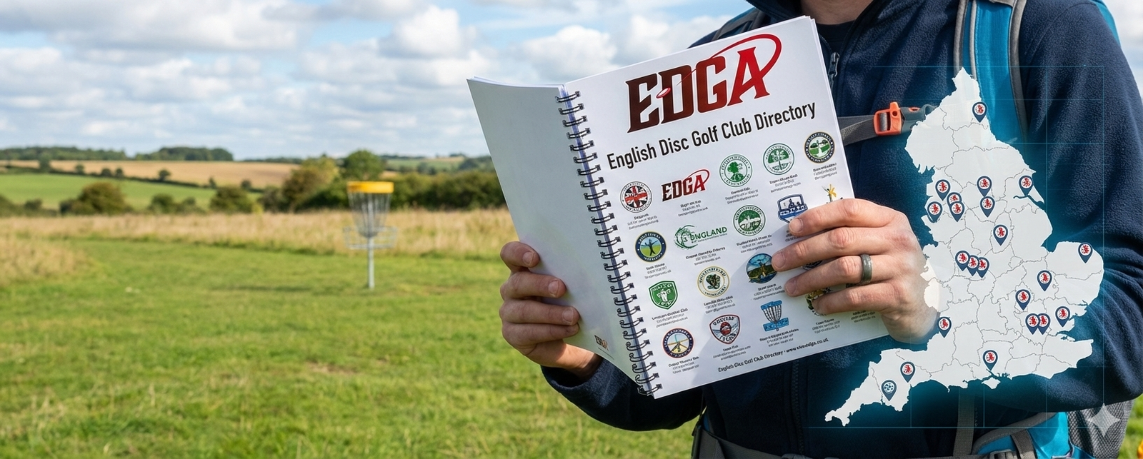 A disc golfer in a green field uses a course map on a smartphone. An EDGA bag filled with colorful discs sits in the grass next to a yellow disc golf basket, showcasing the landscape of Disc Golf England.