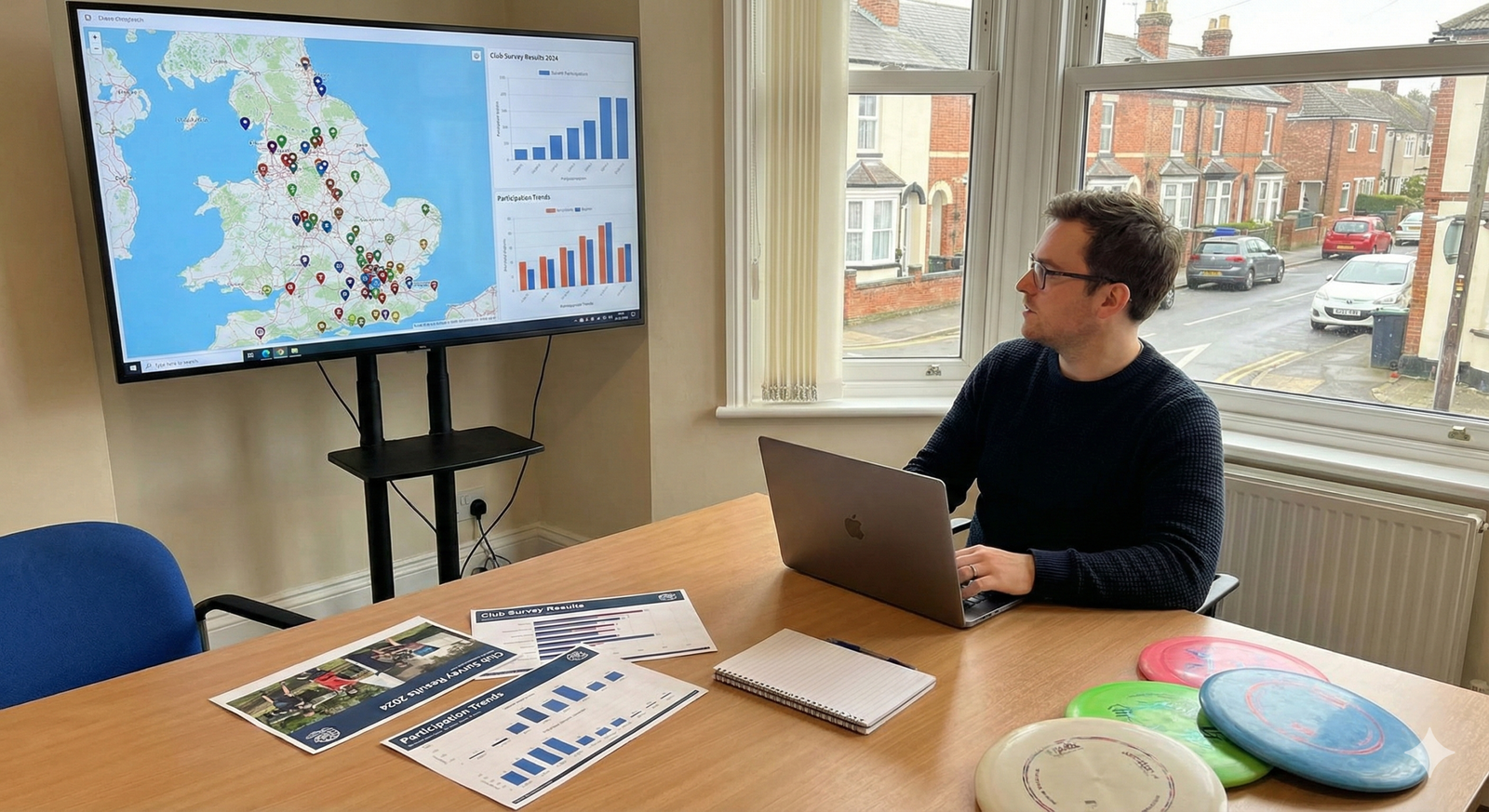 A man sits at a desk with a laptop, reviewing Disc Golf England survey data. A large wall-mounted screen displays a map of England with club locations alongside bar charts showing participation trends. Physical reports and several EDGA branded discs are spread across the desk.