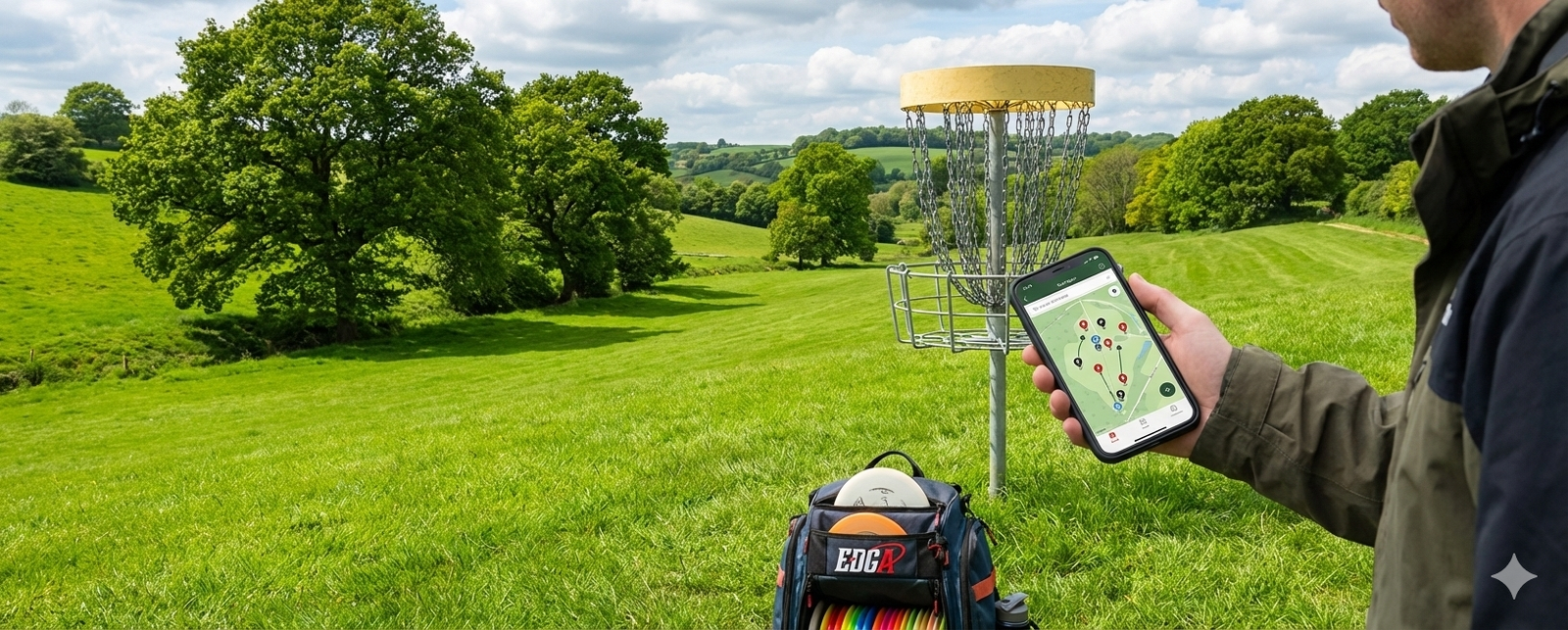 A disc golfer standing on a scenic, rolling green course in the countryside, holding a smartphone displaying a course map app. An EDGA branded disc golf bag sits in the foreground, and a professional disc golf basket stands nearby, capturing the experience of Disc Golf England.