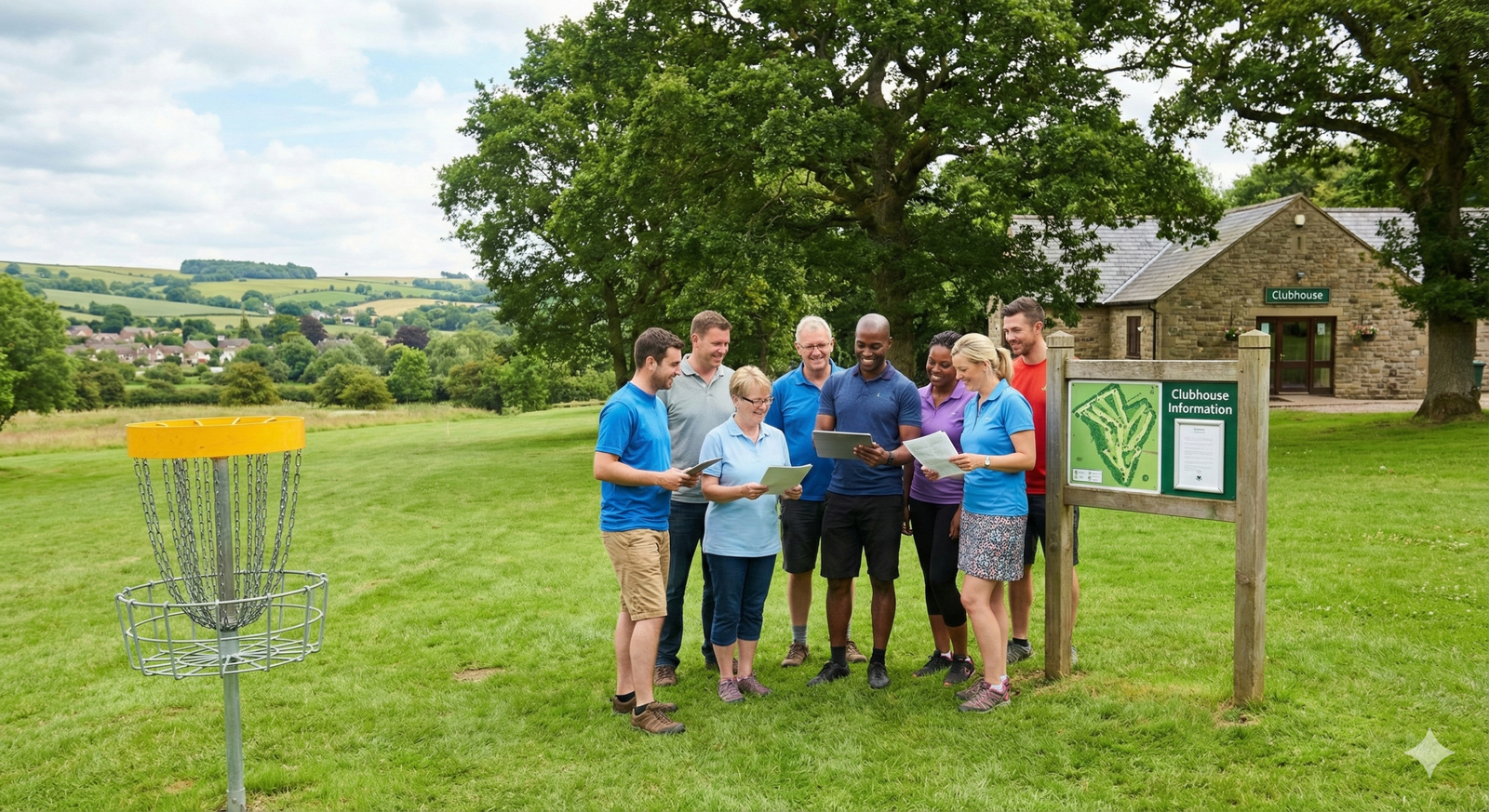 A group of seven diverse disc golfers stand together on a scenic green course next to a "Clubhouse Information" sign featuring a course map. In the background, a stone clubhouse building is visible under large oak trees, with a yellow disc golf basket in the foreground, representing the community spirit of Disc Golf England and the EDGA.