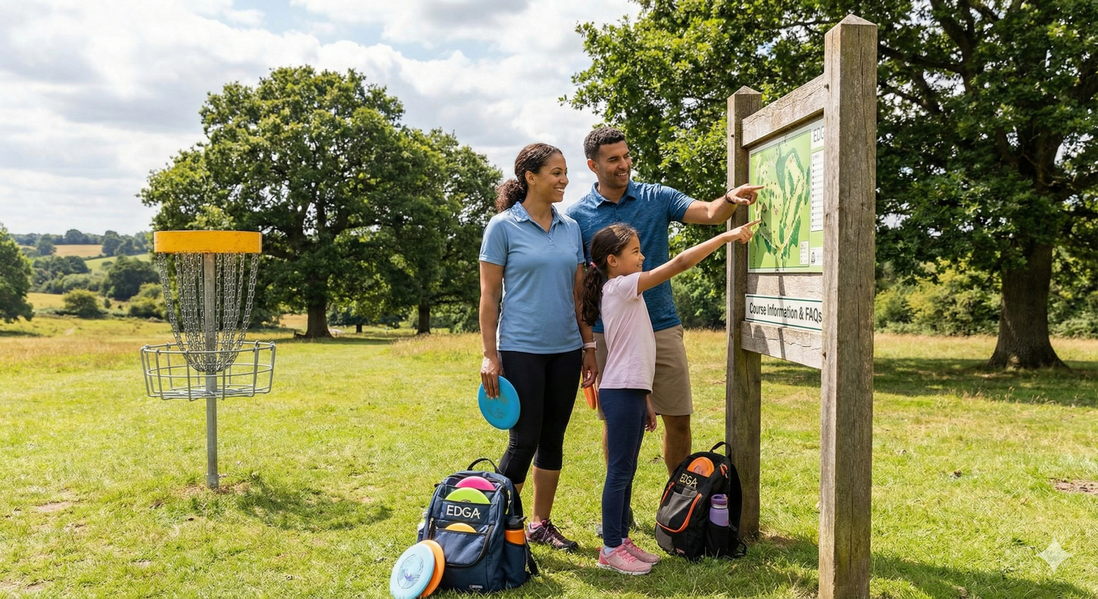 A family of three stands on a grassy Disc Golf England course, pointing at a detailed "Course Information & FAQs" wooden map board. The scene includes a yellow disc golf basket, EDGA branded backpacks filled with colourful discs, and a backdrop of large oak trees in the English countryside.