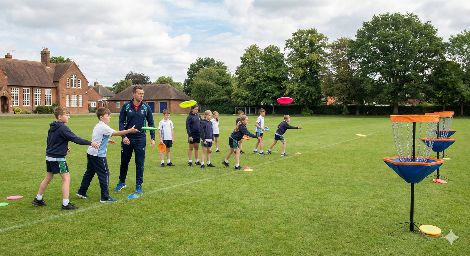 A PE teacher leads a line of primary school pupils during a disc golf coaching session on a green school field. The children take turns throwing colourful discs towards blue and orange portable baskets, demonstrating the grassroots development of Disc Golf England supported by EDGA.