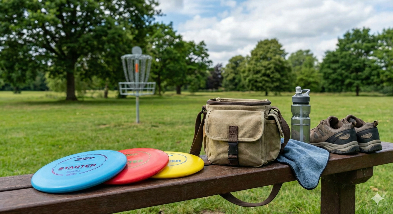 A park bench features a selection of beginner equipment, including three colourful "Starter" discs in blue, red, and yellow. A canvas shoulder bag, a water bottle, a towel, and a pair of walking shoes sit nearby, with a disc golf basket positioned in the green park background, illustrating how to get started with Disc Golf England through EDGA.