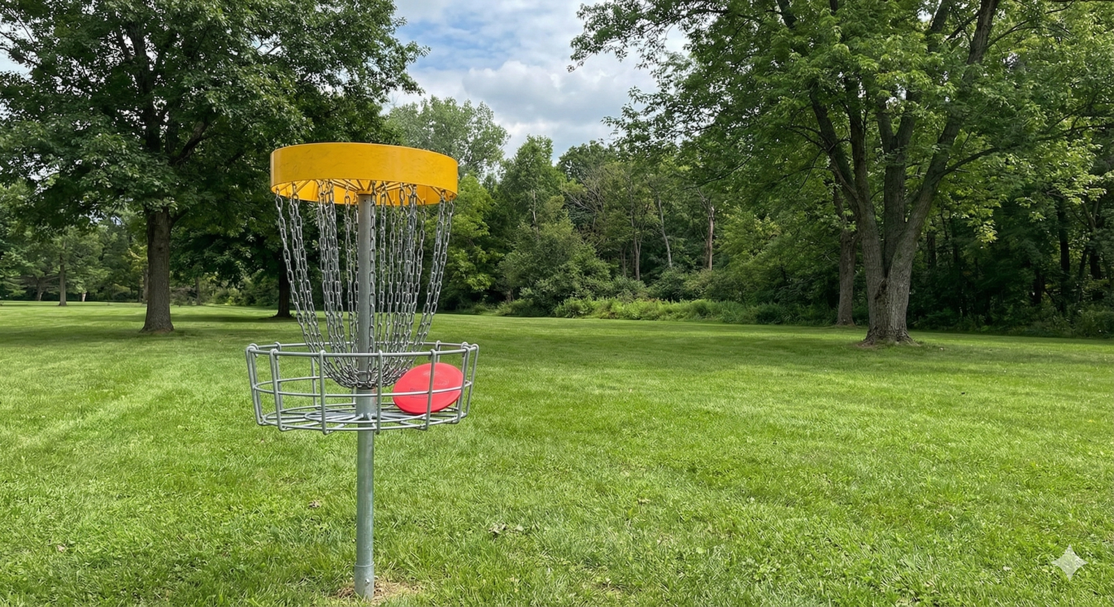 A red disc golf disc resting inside the chains of a professional yellow disc golf basket on a lush, mown fairway. Large, mature trees frame the background under a soft blue sky, illustrating the rewarding gameplay of Disc Golf England and the EDGA.