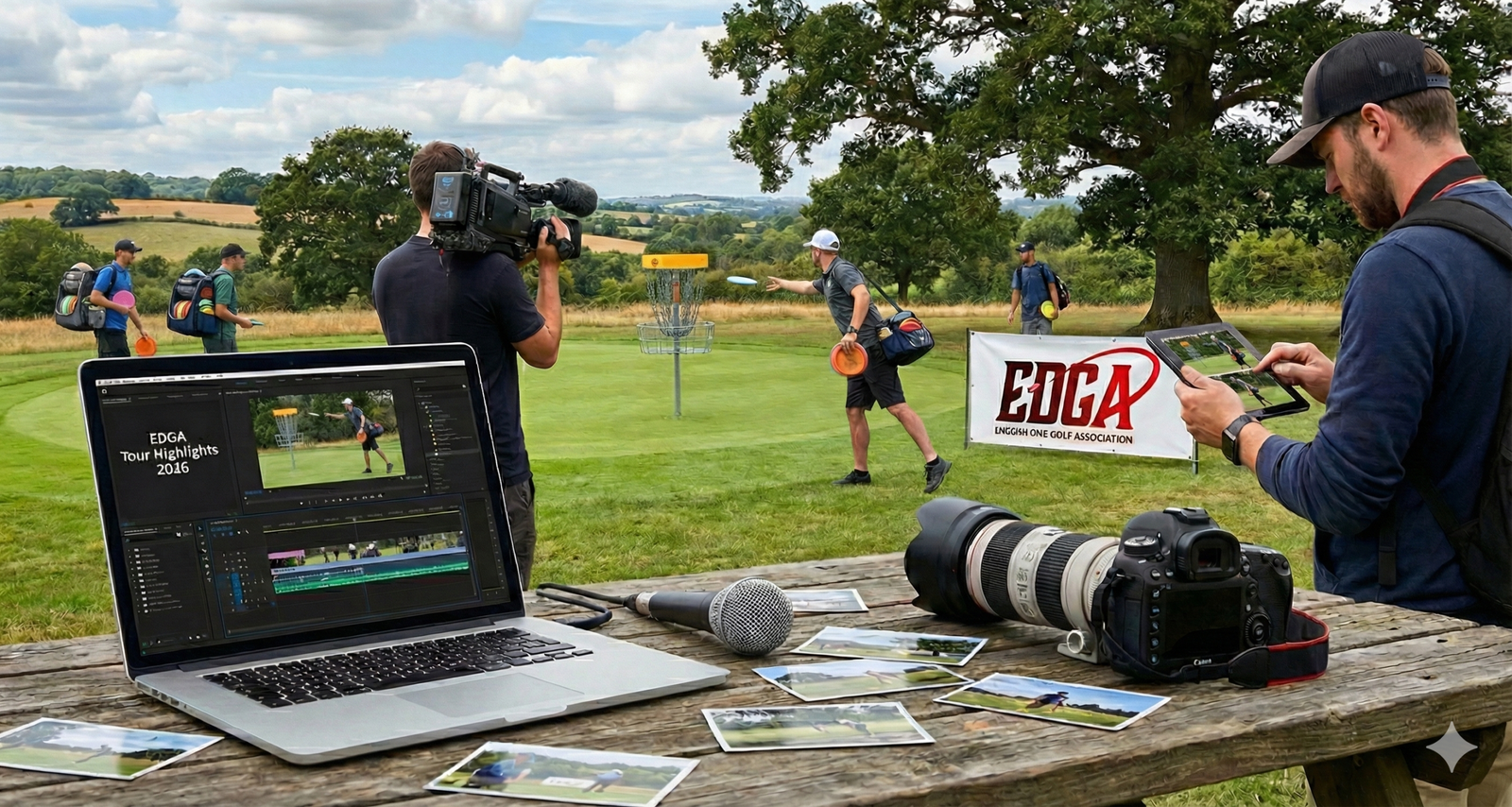 A professional camera with a telephoto lens, a smartphone showing a photo gallery, and a laptop displaying disc golf tournament highlights on a desk. A disc golf basket is visible through a window in the background.