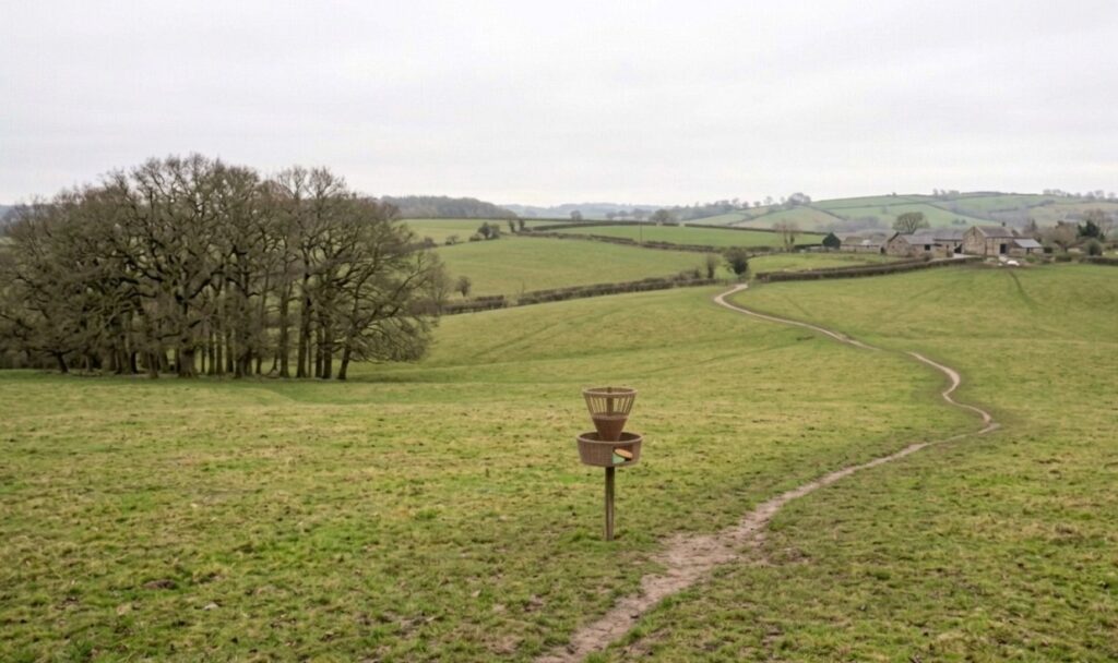 A wide landscape view of a damp English countryside field featuring a unique disc golf target made entirely of woven wicker and wood. The target stands in the center foreground, constructed with a top ring supported by vertical wooden spokes that taper into a conical wicker funnel. Below that is a wider wicker catching basket with open windows evenly spaced around its rim, revealing a green and a yellow disc resting inside. A muddy, winding path trails past the target towards distant stone farm buildings and rolling green hills under an overcast sky. To the left of the target stands a dense cluster of bare oak trees.