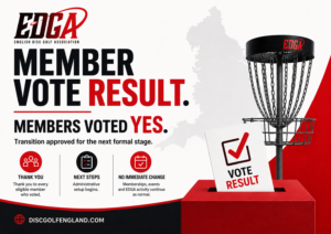 EDGA member vote result graphic announcing that members voted YES to the proposed transition, with a ballot box, disc golf basket, England map silhouette and key notes thanking voters, confirming next steps and saying there is no immediate change.