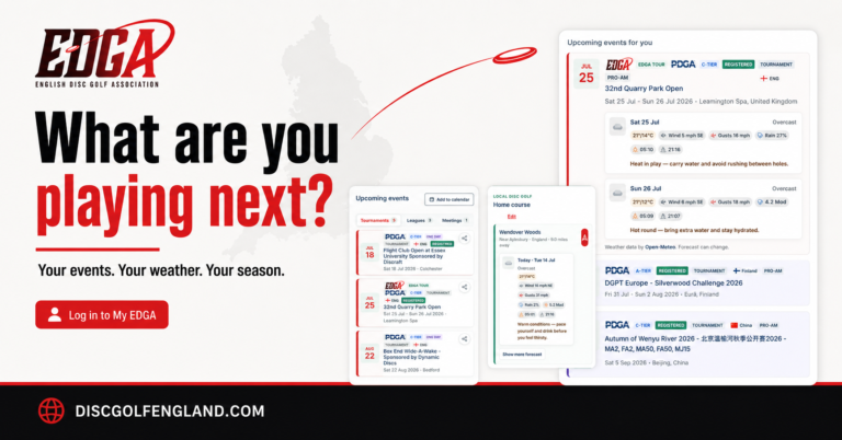 EDGA campaign graphic asking “What are you playing next?”, with website screens showing upcoming disc golf events, tournament forecasts and local course weather.